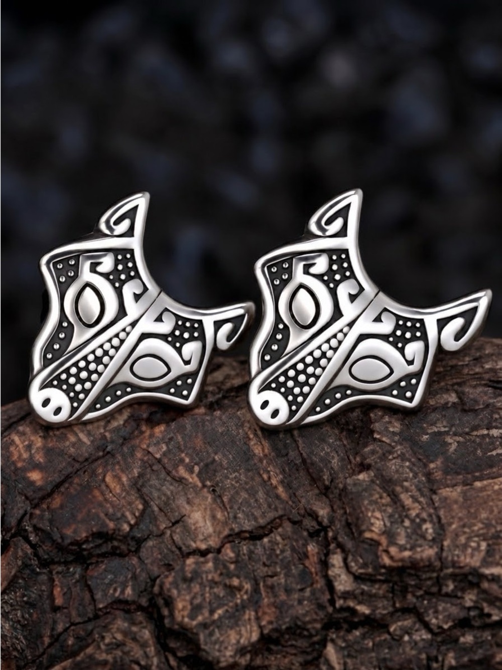 “Nordic Wolf” Fox Scandinavian Viking Tribal Rune Ornate Wildlife Stainless Stud